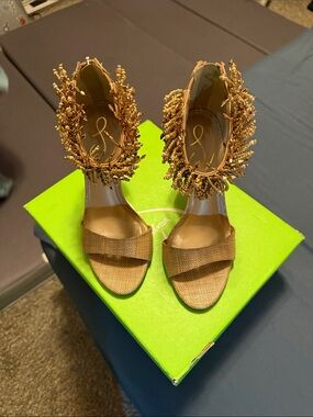 Sam Edelman Brown Beaded Ankle-Strap Heels